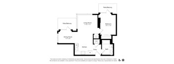 A floor plan of an apartment with a living room, dining room, kitchen, bedroom and bathroom.