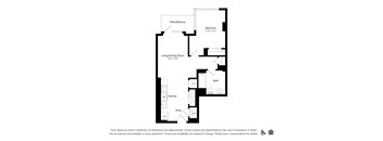 A floor plan of an apartment with a living room, dining room, kitchen, bath, and bedrooms.