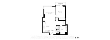 A floor plan of an apartment with a living/dining room, kitchen, bath, and bedroom.