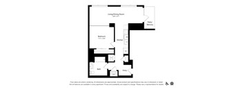 A floor plan of an apartment with a living/dining room, kitchen, bedroom, bath, and entry.