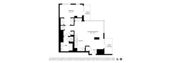 A black and white floor plan of an apartment with a bedroom, living room, kitchen, and bathroom.