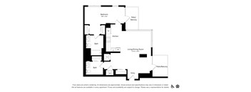 A floor plan of an apartment with a living/dining room, kitchen, two bathrooms, and two balconies.