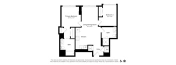 A floor plan of an apartment with a living room, two bedrooms, a kitchen, and two bathrooms.