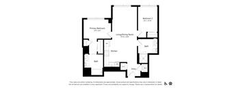 A black and white floor plan of an apartment with a living room, dining room, kitchen, two bathrooms, and two bedrooms.