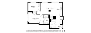 A black and white floor plan of an apartment with a living room, two bedrooms, two bathrooms, a kitchen, and an entry way.