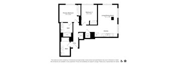 A floor plan of an apartment with a living room, two bedrooms, a bathroom, a kitchen, and an entry.