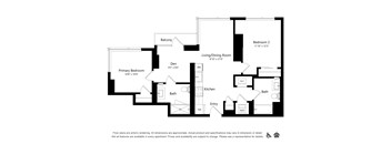 A black and white floor plan of an apartment with a den, two bedrooms, a living/dining room, kitchen, bathrooms, and an entry.