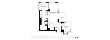 A black and white floor plan of an apartment with a balcony.