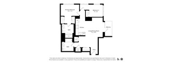 A floor plan of an apartment with a primary bedroom, two bathrooms, a kitchen, a balcony, and a living/dining room.