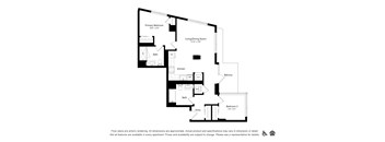 A floor plan of an apartment with a primary bedroom, living/dining room, kitchen, and two bathrooms.
