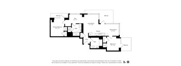 A black and white floor plan of an apartment with a living room, dining room, kitchen, and two bedrooms.