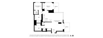 A floor plan of an apartment with two bedrooms, a living/dining room, a kitchen, two bathrooms, and a balcony.