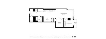 A floor plan of an apartment with a living/dining room, kitchen, two bedrooms, a bathroom, and a balcony.