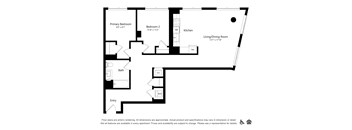 A floor plan of an apartment with two bedrooms, a living/dining room, kitchen, bathroom, and entry.