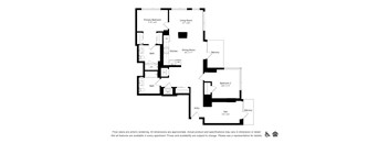 A black and white floor plan of an apartment with a living room, dining room, kitchen, two bedrooms, and two bathrooms.