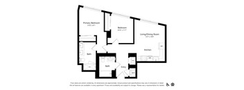 A floor plan of an apartment with a primary bedroom, a bedroom, a living/dining room, a kitchen, and two bathrooms.
