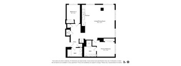 A floor plan of an apartment with a living room, two bedrooms, a kitchen, and a bathroom.