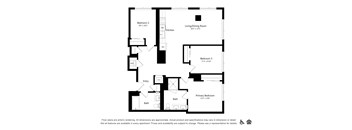 A black and white floor plan of an apartment with three bedrooms and a living/dining room.