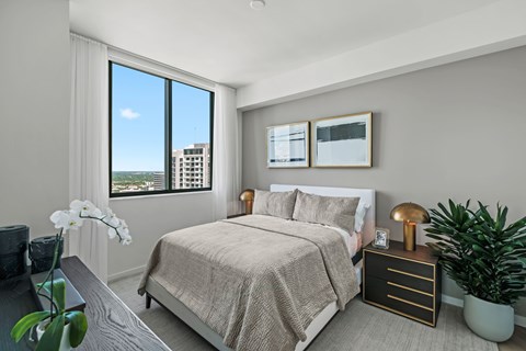 A bedroom with a large bed, a nightstand with a lamp, and a plant.