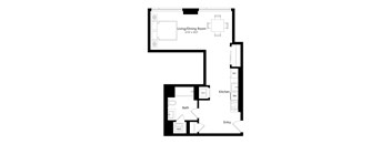 A floor plan of a house with a living/dining room, kitchen, bath, and entry.