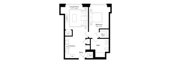 A floor plan of a small apartment with a living room, kitchen, bathroom, and two bedrooms.
