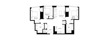 A black and white image of a house floor plan with two bathrooms, two bedrooms, a living room, kitchen, and an entry.