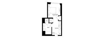 A floor plan of a small apartment with a living room, kitchen, bathroom and entry.