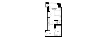 A floor plan of a small apartment with a living room, kitchen, bathroom and entry.