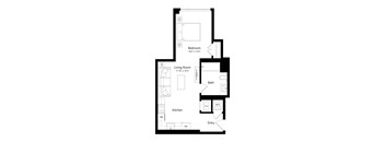 A floor plan of a house with a living room, kitchen, bath, and bedroom.