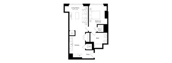 A floor plan of a small apartment with a living room, kitchen, bathroom, and bedroom.