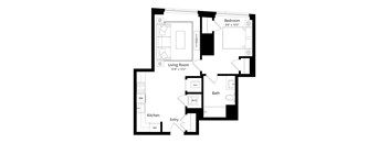 A black and white image of a floor plan for a home with a bedroom, living room, kitchen, and bath.