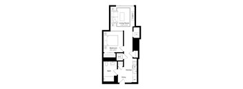A floor plan of a house with a living room, bedroom, bathroom, kitchen, and entry.