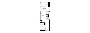 A floor plan of a small apartment with a living area, kitchen, bathroom, and entry.