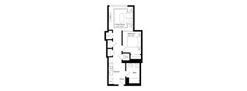 A floor plan of a house with a living room, bedroom, kitchen, bathroom, and entry.