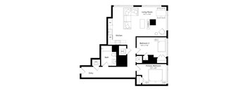 A floor plan of a house with a living room, kitchen, two bathrooms, and three bedrooms.