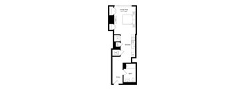 A floor plan of a house with a living area, kitchen, bathroom, and entry.