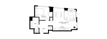 A floor plan of a house with a bedroom, bathroom, living/dining room, kitchen, and an entry.