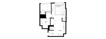 A floor plan of a house with a bedroom, bathroom, living room, kitchen, and entry.