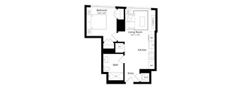 A floor plan of a small apartment with a bedroom, living room, kitchen, bathroom, and entry.