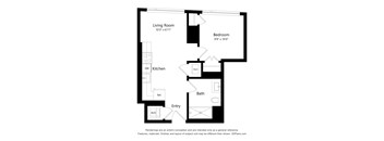 A floor plan of a small apartment with a living room, bedroom, kitchen, bathroom, and entry.