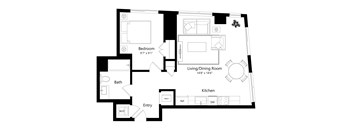 A black and white image of a floor plan for a house with a bedroom, living/dining room, kitchen, bath, and entry.