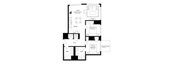 A floor plan of a house with a living room, two bedrooms, a kitchen, two bathrooms, and an entry.