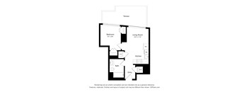 A floor plan of a house with a bedroom, living room, kitchen, bath, and entry.