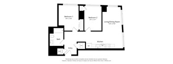 A black and white floor plan of a house with two bedrooms, a bathroom, a living/dining room, a kitchen, and an entry.