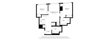 A floor plan of a home with two bedrooms, a living/dining room, kitchen, two bathrooms, and an entry.