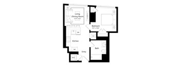 A floor plan of a house with a living/dining room, kitchen, bathroom, and bedroom.
