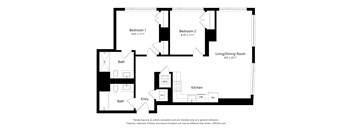 A floor plan of a house with two bathrooms, two bedrooms, a living/dining room, a kitchen, and an entry.