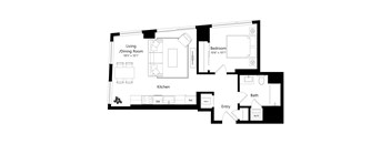 A floor plan of a house with a living/dining room, kitchen, bath, and bedroom.
