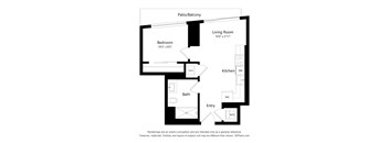 A floor plan of a home with a bedroom, bathroom, kitchen, living room, and entry.