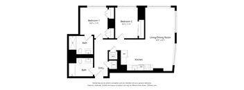 A floor plan of a house with two bathrooms, two bedrooms, a living/dining room, a kitchen, and an entry.